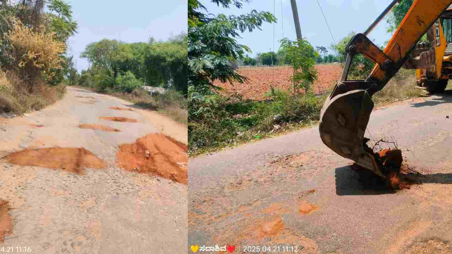 Villagers filling potholes damaged road