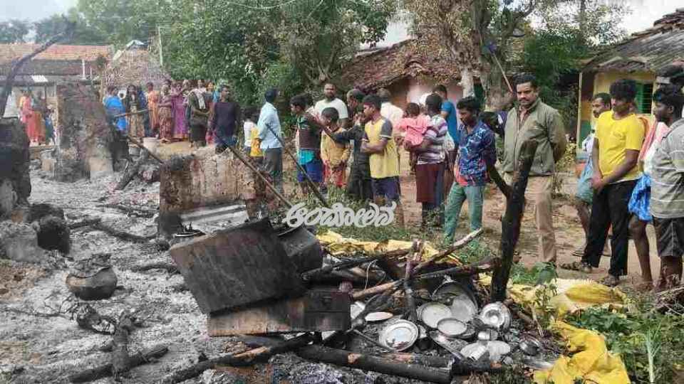 A hut burned to the ground by fire